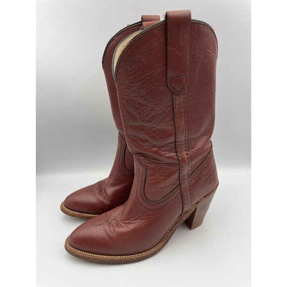 FRYE WOMENS WESTERN BOOTS VTG BURGUNDY COGNAC Cowboy Boots - Picture 1 of 13